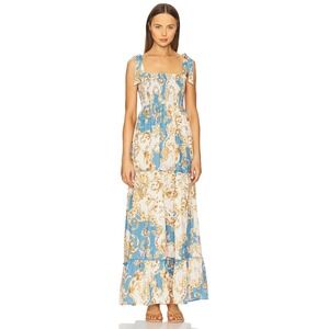 Agua‎ Bendita Lucery Blush Maxi Dress Smocked Bodice Tie Shoulder Blue Floral M